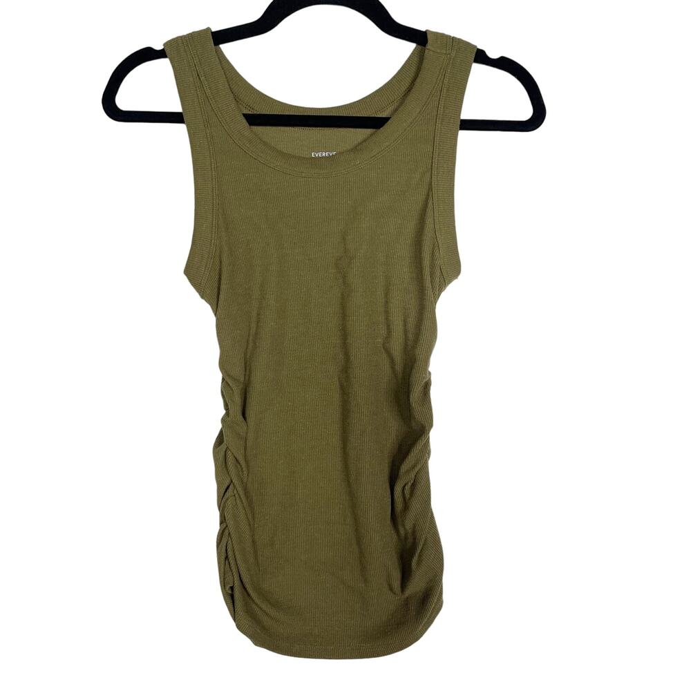 Evereve XSmall Olive Green Linen Rib Ruched Tank Top Crew Neck Side Seam Ruching